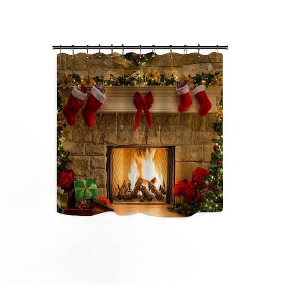 Christmas 70.8 in. W x 70.8 in. L Polyester Shower Curtain in Multi Color, Blackout Waterproof, 12 Hooks, Bath Mat Set