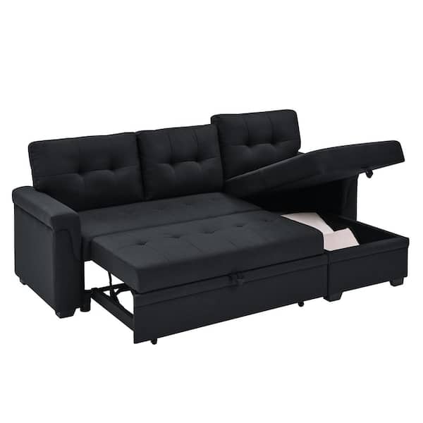 85 in. Black Polyester Queen Size Convertible Sofa Bed with Storage and Tufted Cushions – Modern Sleeper Couch