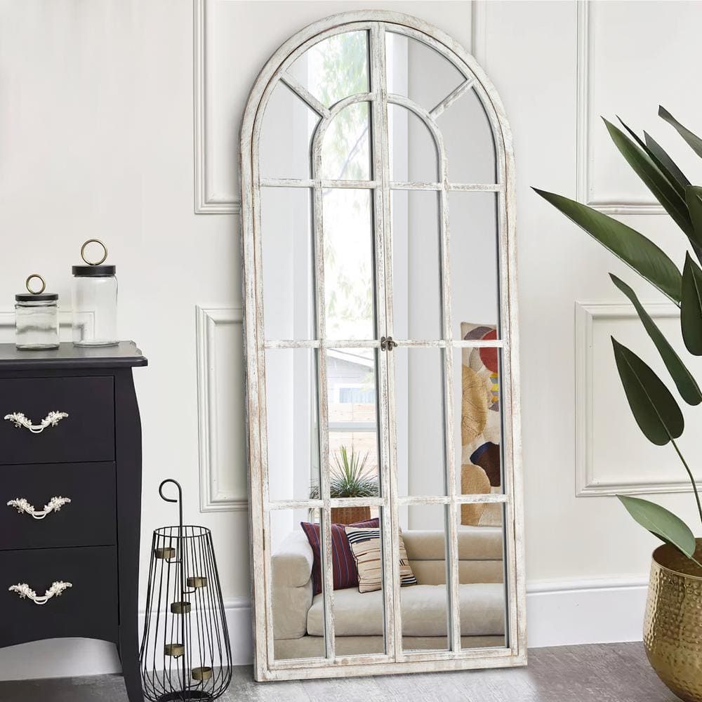 32 in. W x 71 in. H Classic Arched Solid Wood Wall Mirror in Weathered Whit