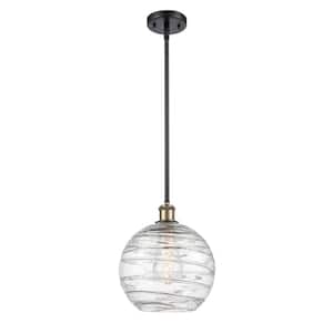 Athens Deco Swirl 1-Light Black Antique Brass Shaded Pendant Light with Clear Deco Swirl Glass Shade