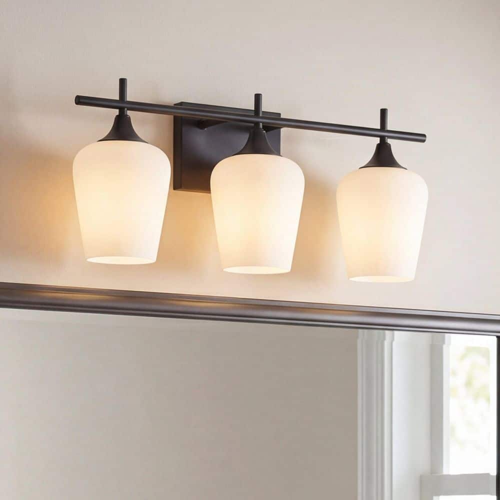Octave 21 in. W x 9.5 in. H 3-Light Matte Black Bathroom Vanity Light with White Opal Glass Shades price history on PriceWatchPro
