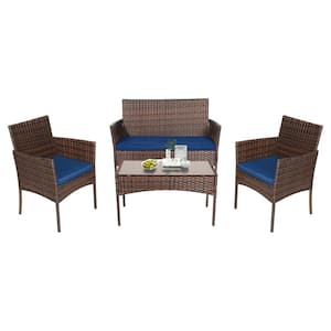 4-Piece PE rattan Furniture Patio Conversation Set Sofa Chair Table Set with Navy Blue Cushion