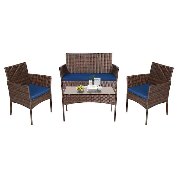 PATIOGUARDER 4-Piece PE rattan Furniture Patio Conversation Set Sofa Chair Table Set with Navy Blue Cushion