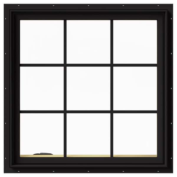 JELD-WEN 36 in. x 36 in. W-2500 Series Black Painted Clad Wood Left-Handed Casement Window with Colonial Grids/Grilles