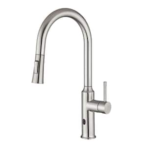 Single Handle Deck Mount Gooseneck Pull Down Sprayer Touchless Kitchen Faucet in Brushed Nickel