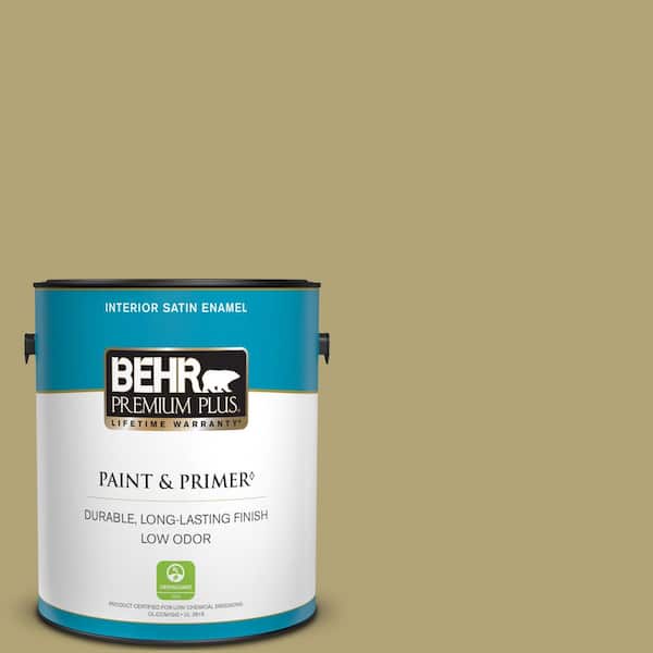 BEHR PREMIUM PLUS 1 gal. #PMD-101 Green Fig Satin Enamel Low Odor Interior Paint & Primer