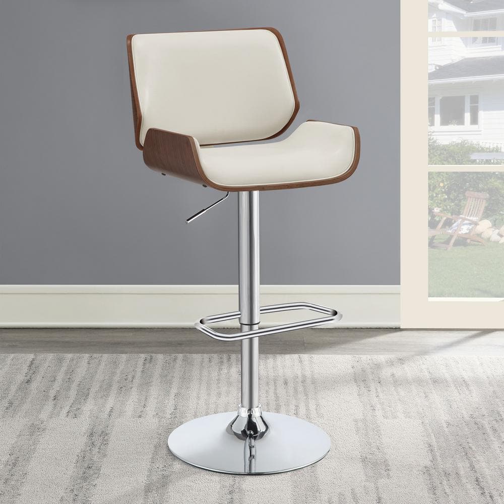 Cream Faux Leather Adjustable Swivel Bar Stool with Walnut Wood