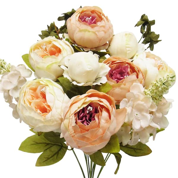 19 in. Cream Peach Artificial Mixed Peony Hydrangea Flower Stem Bush Bouquet