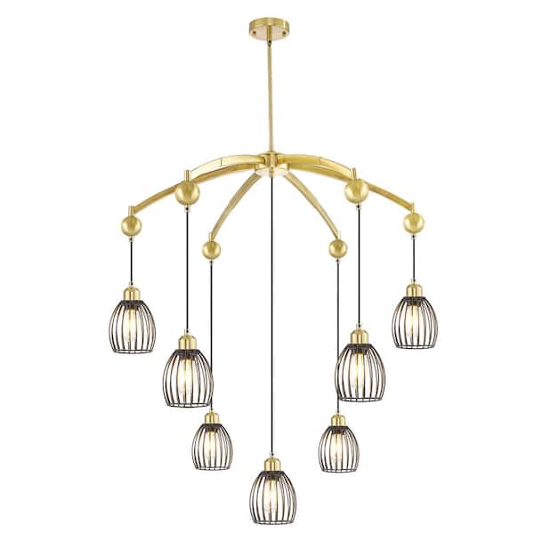 Magic Home Retro 7-light Vintage Wrought Iron Gold Creative Cage Ceiling Chandelier for Kitchen Island Dining Living Room Bedroom