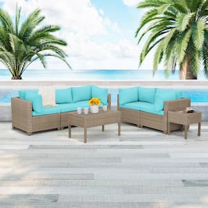 Maui 7-Piece Wicker Patio Conversation Set with Cyan Cushions