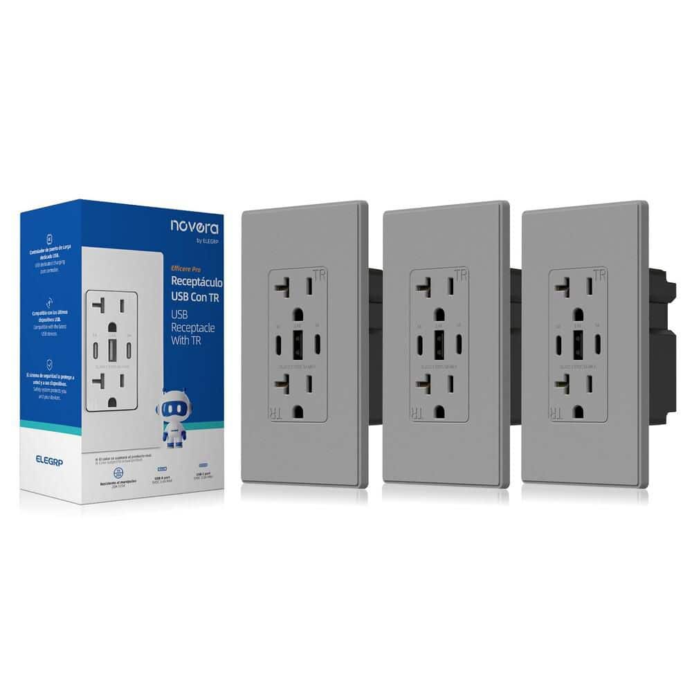 30W 6.0 Amp 3-Port USB Wall Outlet, 20A Duplex Receptacle with Dual Type C & A Ports, with Wall Plate, Matte Grey 3Pc price history on PriceWatchPro