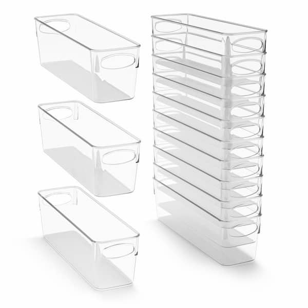 Narrow Clear Plastic Storage Bins with Handles for Shelves-10-Pack Organizers and Storage