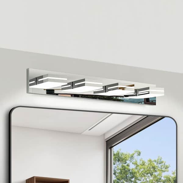 30 in. W 4 Light Chorme Bathroom Vanity Light Dimmable LED Wall Mounted Lights Over Vanity Mirror
