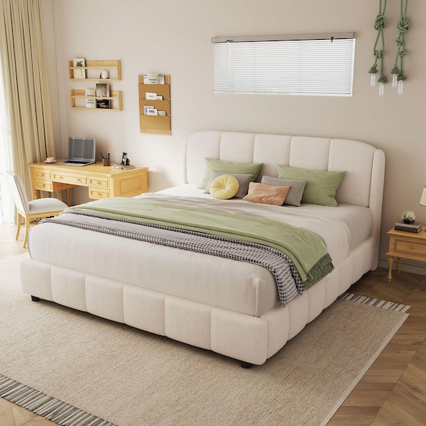 Modern Beige Wood Frame Queen Size Boucle Fabric Upholstered Platform Bed