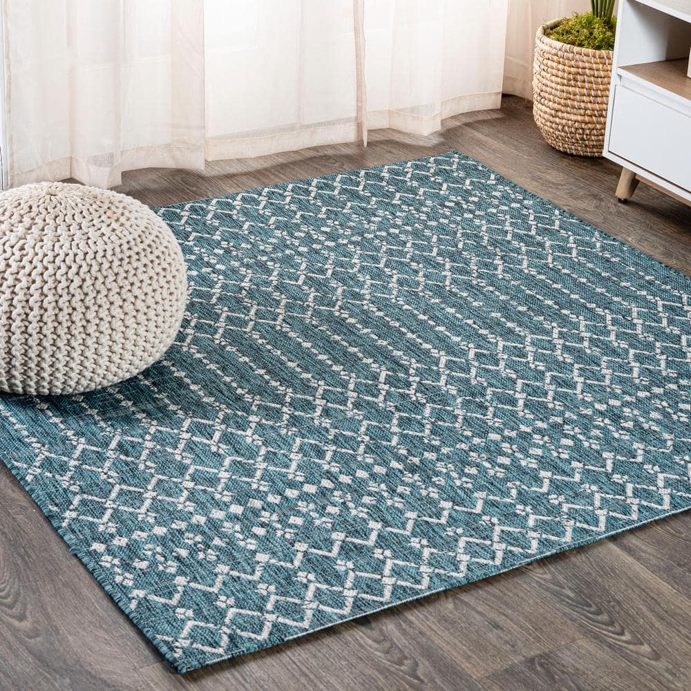 JONATHAN Y Ourika Moroccan Geometric Textured Weave Teal/Gray 5' Square ...