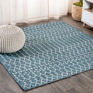 Ourika Moroccan Geometric Textured Weave Teal/Gray 5' Square Indoor/Outdoor Area Rug