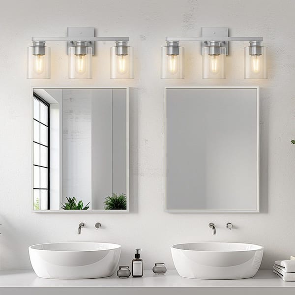 18 in. 3-Light Brushed Nickel Vanity Light with Clear Glass Shades for Bathroom