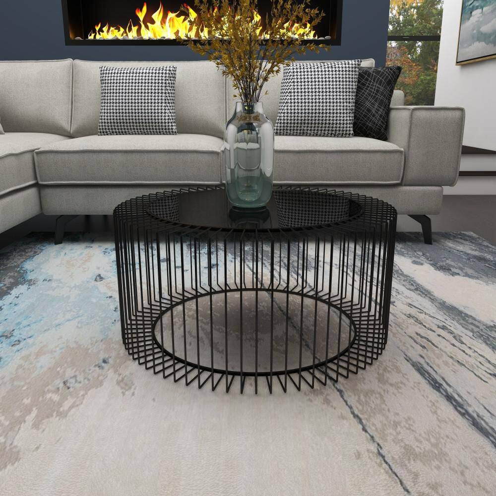 Modern Black Open Wire Frame 32" Round Glass Coffee Table