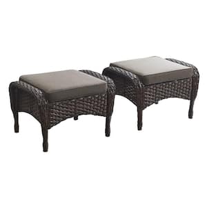 Flat Armrest Series Brown Wicker Outdoor Patio Ottoman with CushionGuard Gray Cushions (2-Pack)