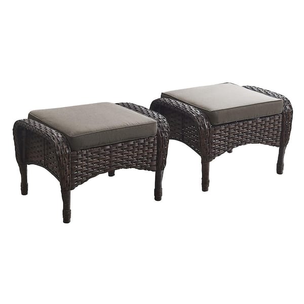 Pocassy Flat Armrest Series Brown Wicker Outdoor Patio Ottoman with CushionGuard Gray Cushions (2-Pack)