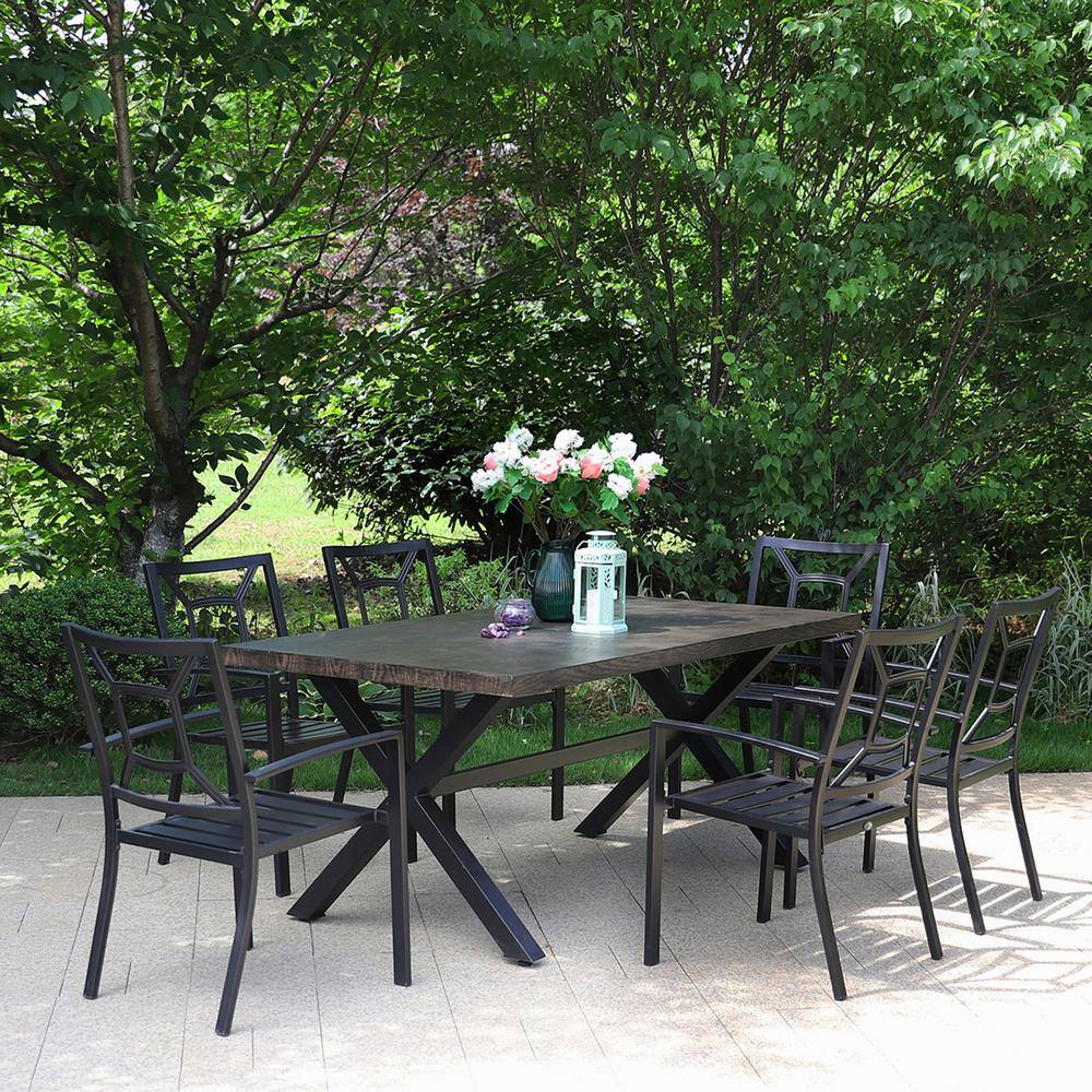 PHI VILLA Black 7Piece Metal Outdoor Patio Dining Set with WoodLook