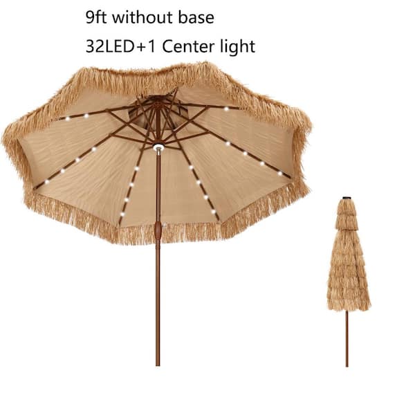 OVASTLKUY 9 ft. 2-Tier Palapa Thatched Market Patio Aluminum Beach Umbrella with Crank Tilt and LED Lights in Brown