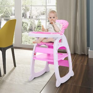 Kids Plastic Outdoor & Indoor Dining Chair Adjustable Highchair with Feeding Tray and 5-Point Safety Buckle in Pink
