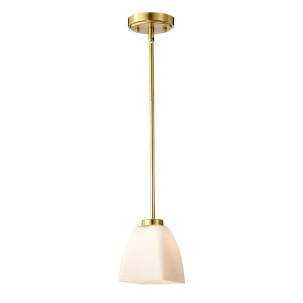 Edvivi 1-Light Gold Finish Mini Pendant Light with Pyramid Shaped Etched White Glass Shade, 4.9 in. Dia