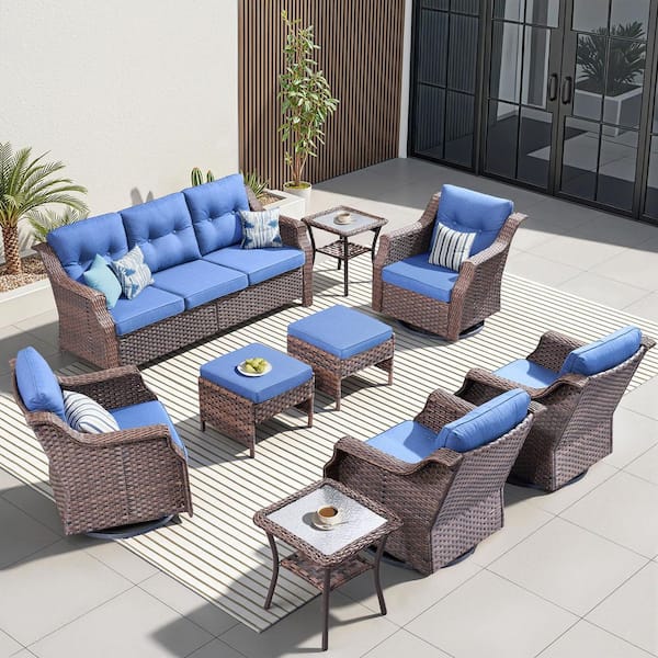 Buenaola 9-Piece Wicker Patio Conversation Set with Swivel Rocking Chairs, Outdoor Couch Seating Set with Blue Cushions