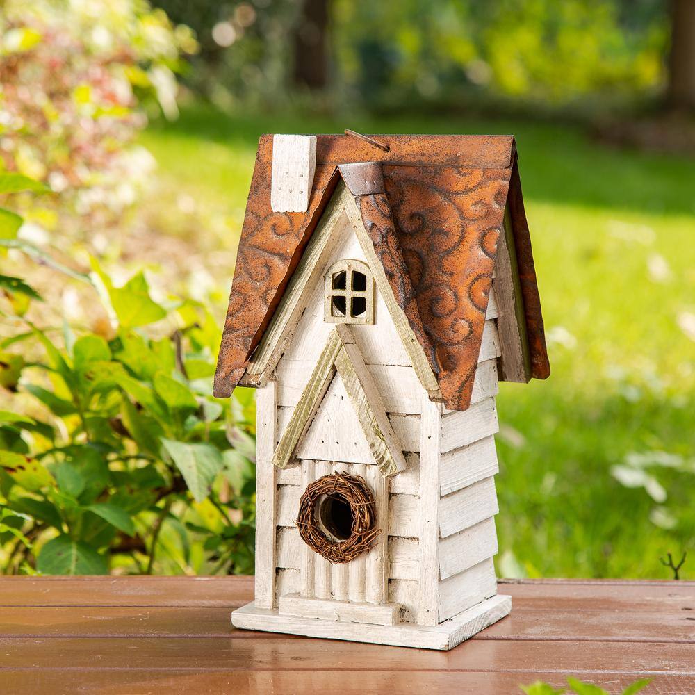12" Weathered White Solid Wood Cottage Birdhouse with Metal Roof