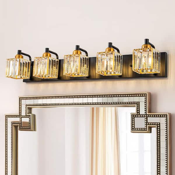 EDISLIVE Orillia 33 in. 5-Light Black Gold Bathroom Vanity Light with Crystal Shades