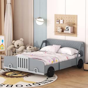 Gray Wood Frame Full Size Car-Shaped Platform Bed with Wheels, Headboard, Guardrails