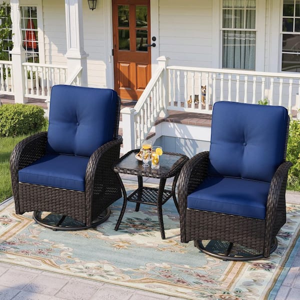 3-Pieces Dark Brown Wicker Outdoor Rocking Chairs Patio Swivel Chairs with Blue Cushions and Table
