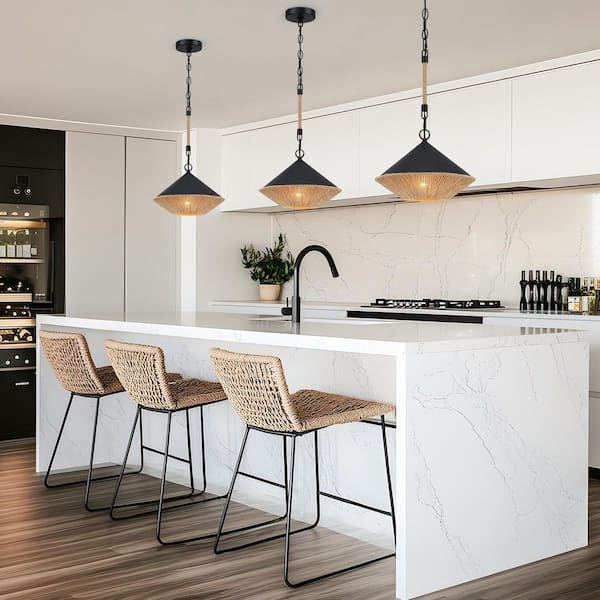 1-Light Black Bohemian Island Pendant Light with Hemp Rope Shade