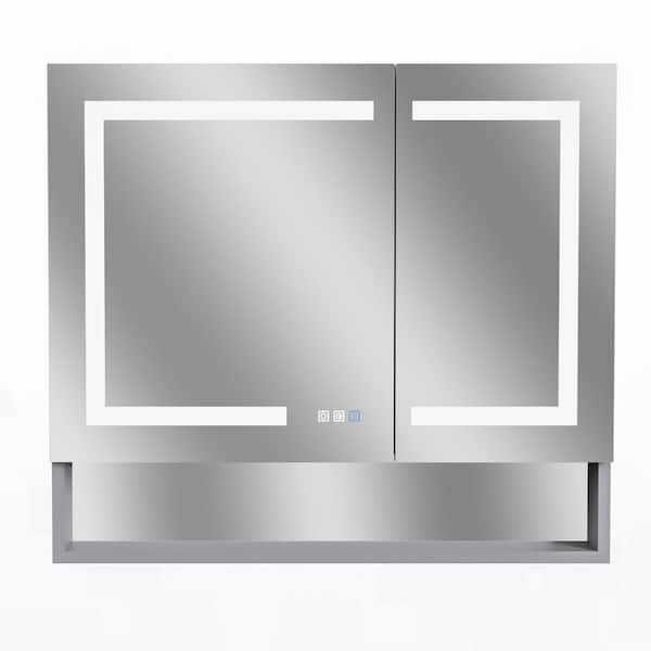 JimsMaison 36 in. W x 32 in. H Rectangular Aluminum Surface/Recessed Mount Medicine Cabinet with Mirror and Outlet and Lights