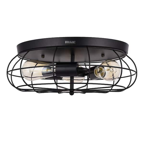 OUKANING 15.74 in. 3-Light Black Industrial Flush Mount Metal Cage Ceiling Light