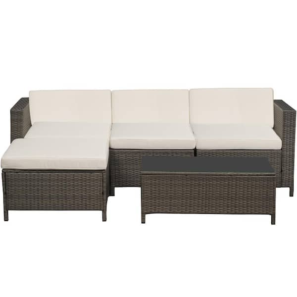 ANGELES HOME 5-Piece Rattan Wicker Patio Conversation Set with Beige Cushions