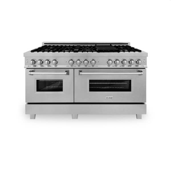 ZLINE Kitchen and Bath 60 in. 7.4 cu. ft. Legacy Dual Fuel Range with 9 Burner Gas Cooktop and Convection Ovens in Satin Stainless Steel