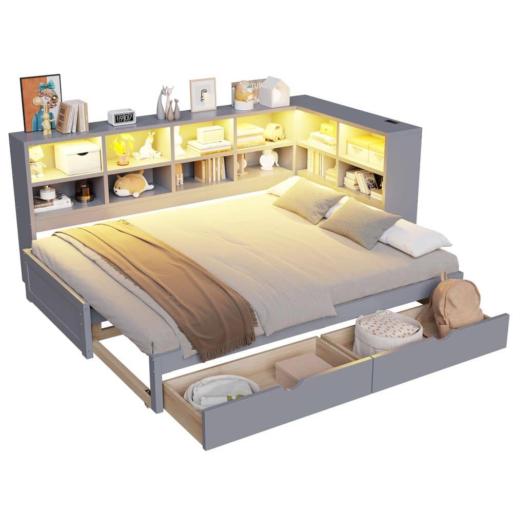 Corvella Modern Gray Twin XL to King Size Wood Frame Daybed with Drawers, Storage Cabinets, LED Light and USB Ports price history on PriceWatchPro