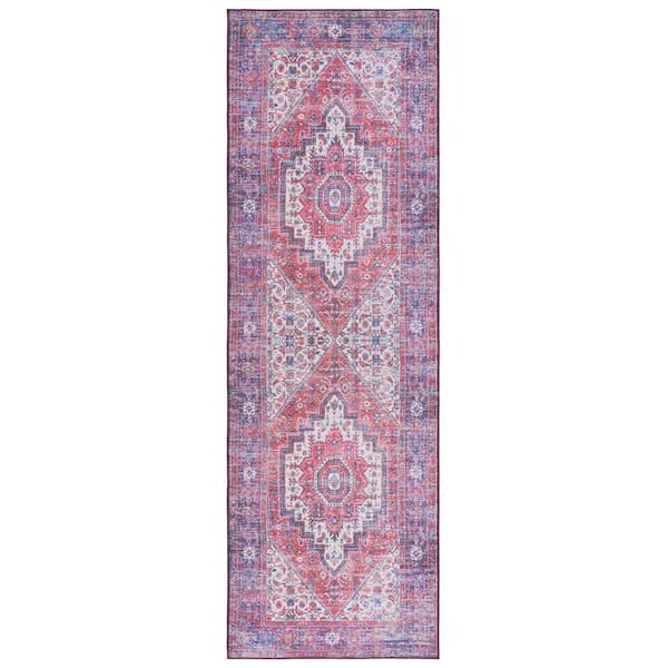 Tucson Red/Blue 3 ft. x 8 ft. Machine Washable Ikat Border Medallion Runner Rug