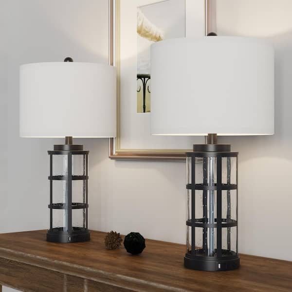 Concord 25 in. Black Metal Table Lamp with Beige Linen Lampshade. (2-Pack)