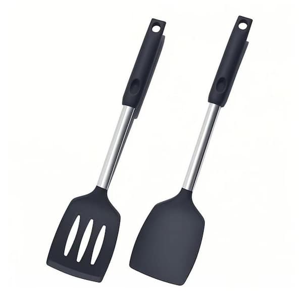 2-Piece Black Silicone Nonstick Spatula Set Food-Grade Flexible Heat Resistant Kitchen Accessory Set