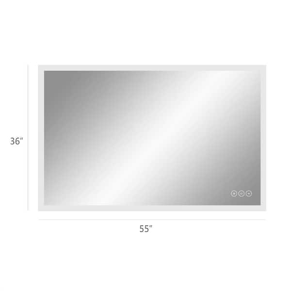 GETLEDEL 55 in. W x 36 in. H Rectangular Frameless LED Lighted Anti-Fog Wall Mounted Bathroom Vanity Mirror in Silver