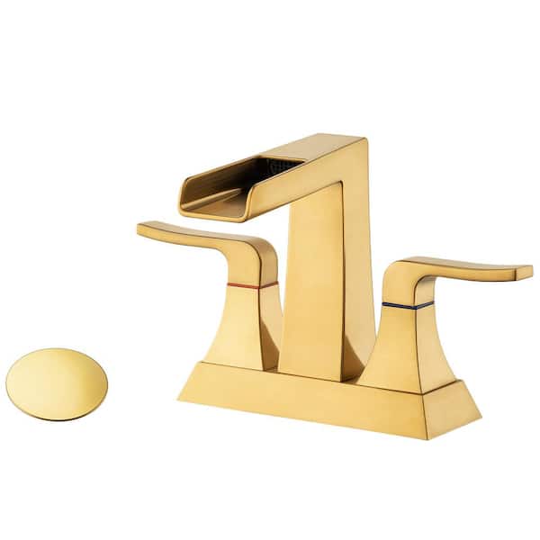 GIVING TREE 4 in. Centerset 2-Handle Waterfall Bathroom Faucet with Pop-Up Drain and Supply Lines in Brushed Gold