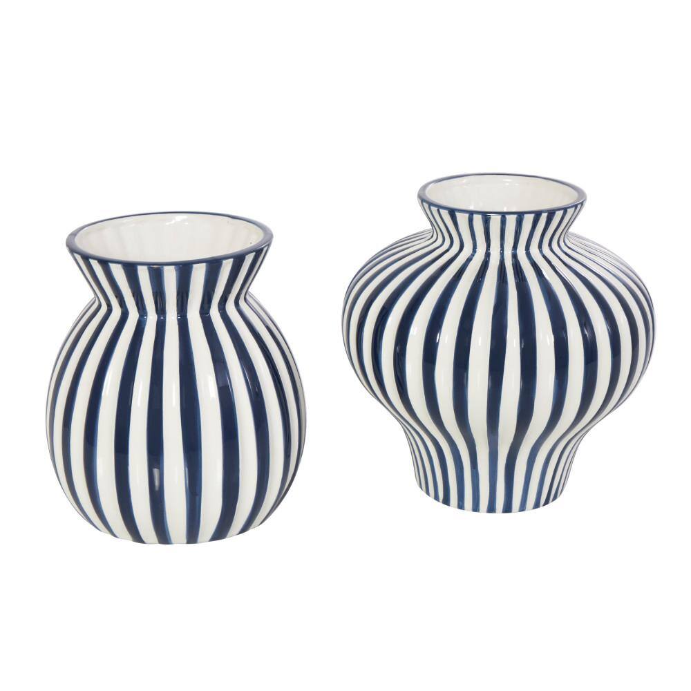 Blue and White Striped Ceramic Table Vase Set