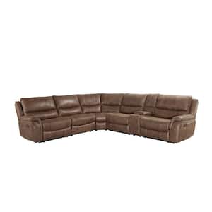 Lehi 224 in. 6-Piece Brown Leatherette Sectional Sofa with Recline