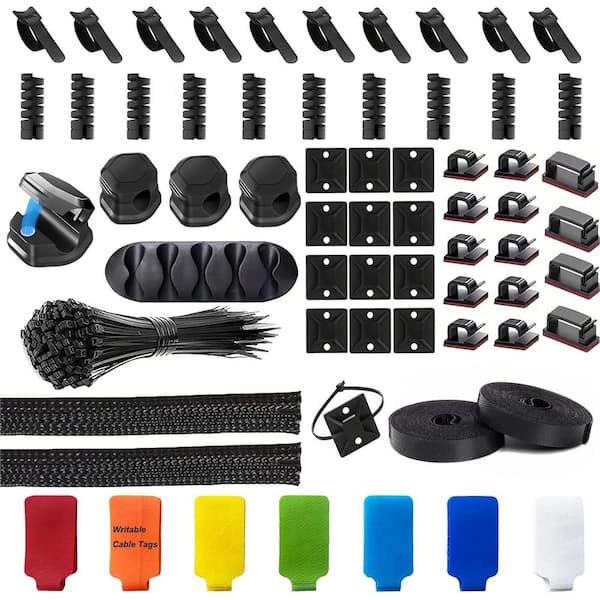 Cable Management Kit 165 Pcs with Wire Organizer Sleeve Magnetic Holder Clips Roll Straps Charger Protectors Black