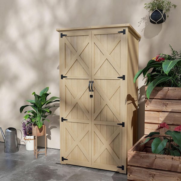 Unbranded 35.5 in. W x 21.5 in. D x 66.3 in. H Natural Wood Lockable Outdoor Storage Cabinet with Waterproof Asphalt Roof