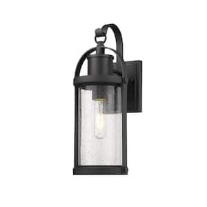 1-Light Black Outdoor Wall Sconce with Clear Seedy Glass