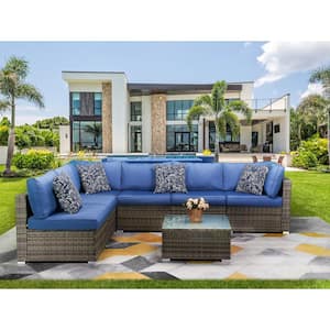 7-Piece Wicker Patio Sectional Sofa Set with Blue Cushions